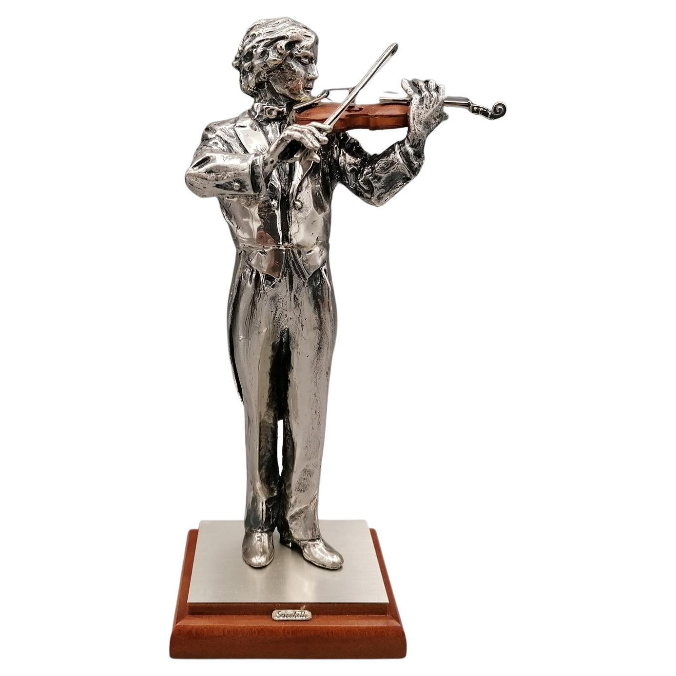 2oth Century Italian Solid Silver Violinist statue with wooden violin For Sale