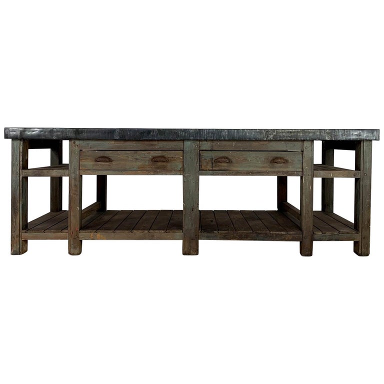 20th Century Vintage Industrial Zinc Top Carpenter S Workbench