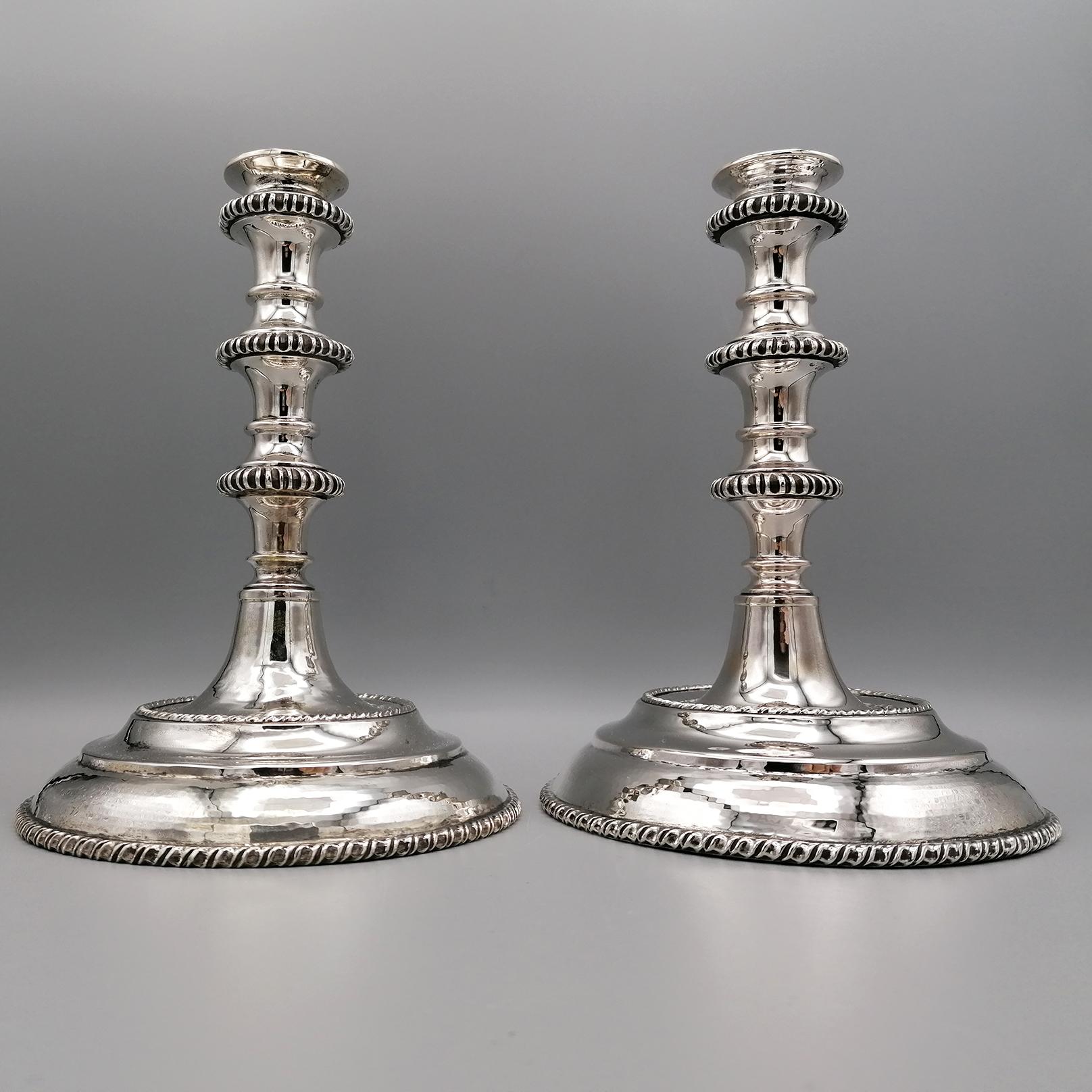 Hammered 2th Century Italian Solidi 800 Silver Pr. of Candlesticks in Venetian Style For Sale