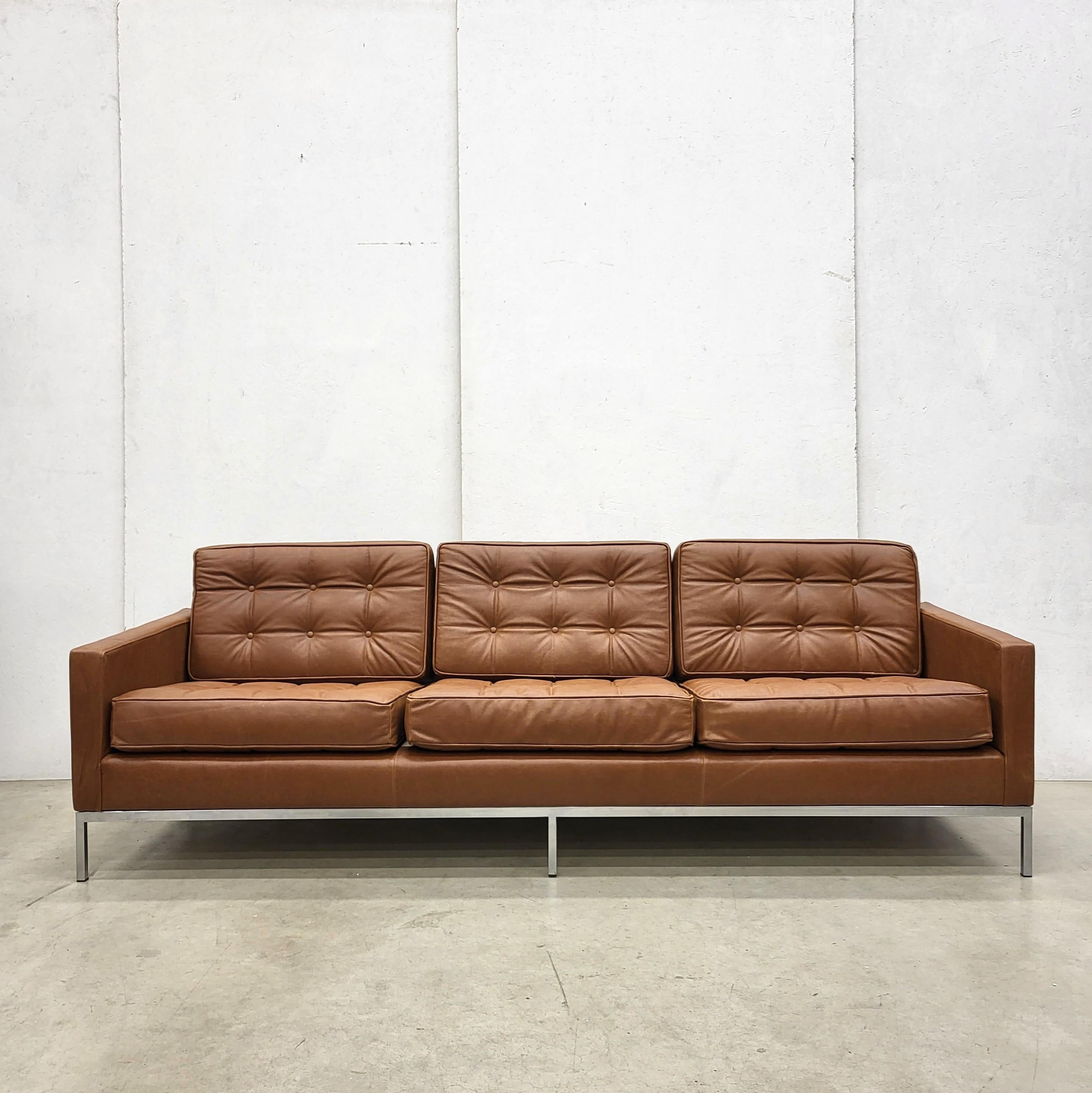 Italian 2x 3 Seater Knoll Studio Sofa and 2x Club Chair by Florence Knoll Pine Brown