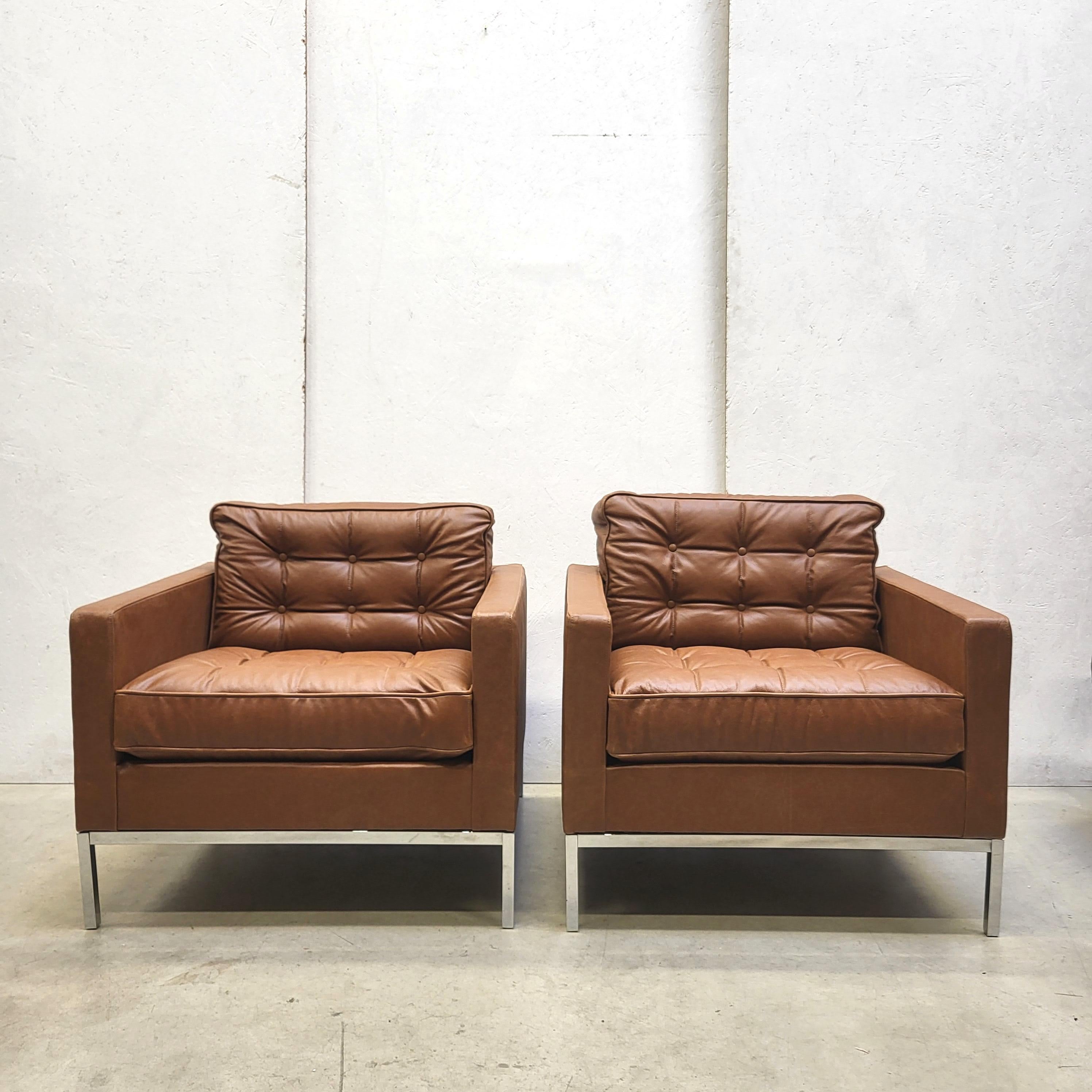 Hand-Crafted 2x 3 Seater Knoll Studio Sofa and 2x Club Chair by Florence Knoll Pine Brown
