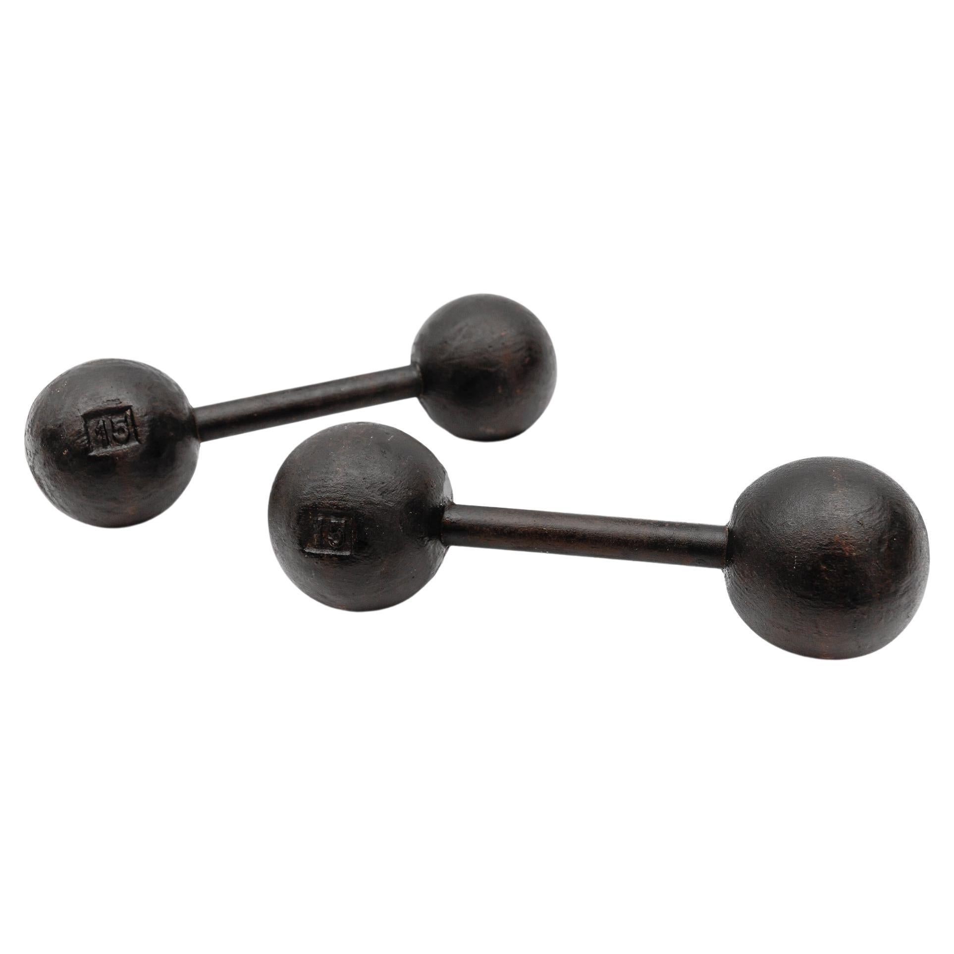 2x Art Deco 15kg double ball dumbbells, 1930s