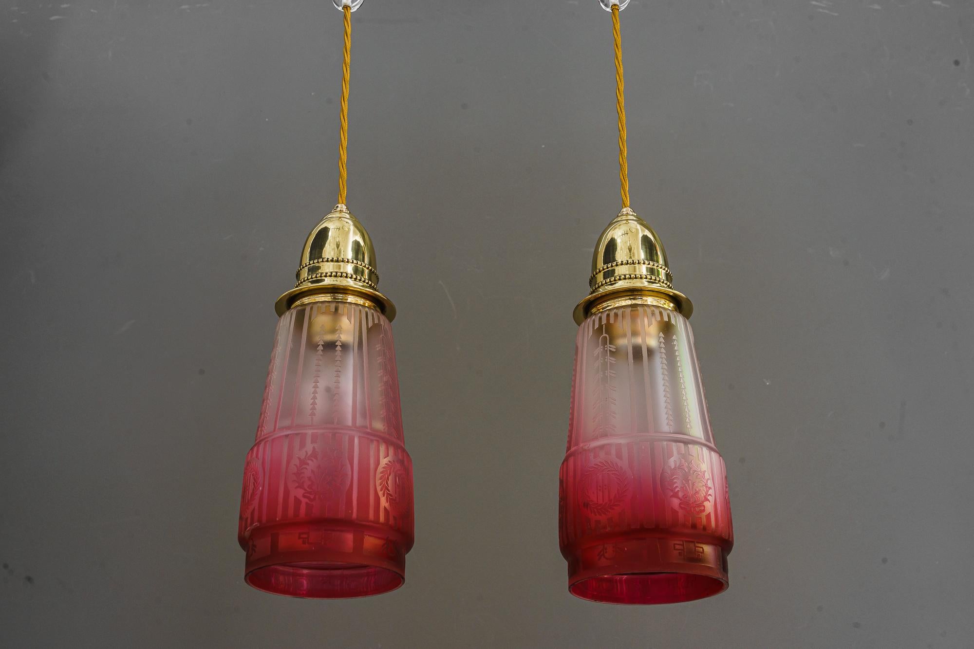 2x Art Deco Hanging Lamp with Original Old Glass Shades Vienna Around, 1920s For Sale 3