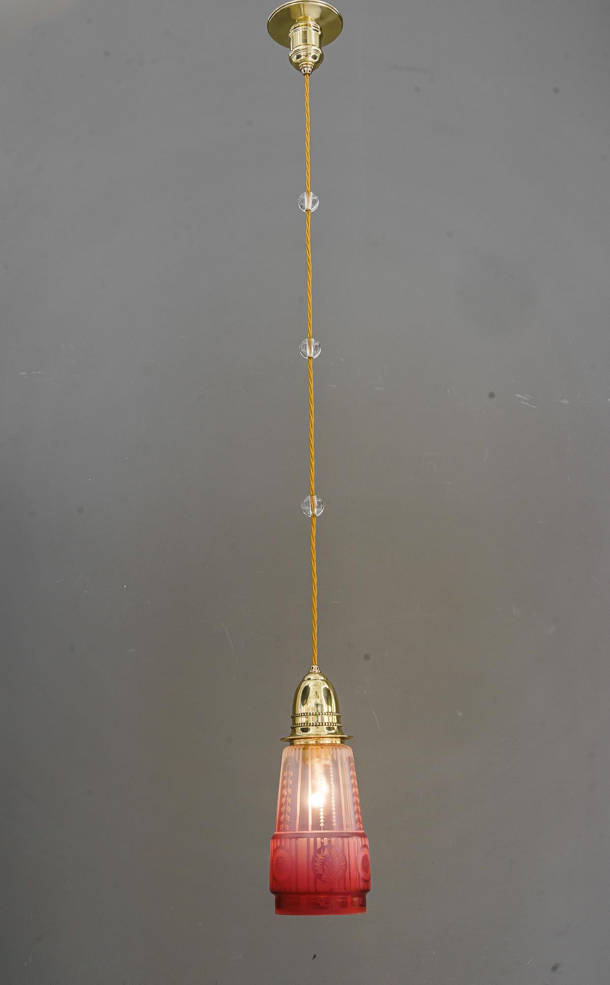 Lacquered 2x Art Deco Hanging Lamp with Original Old Glass Shades Vienna Around, 1920s For Sale