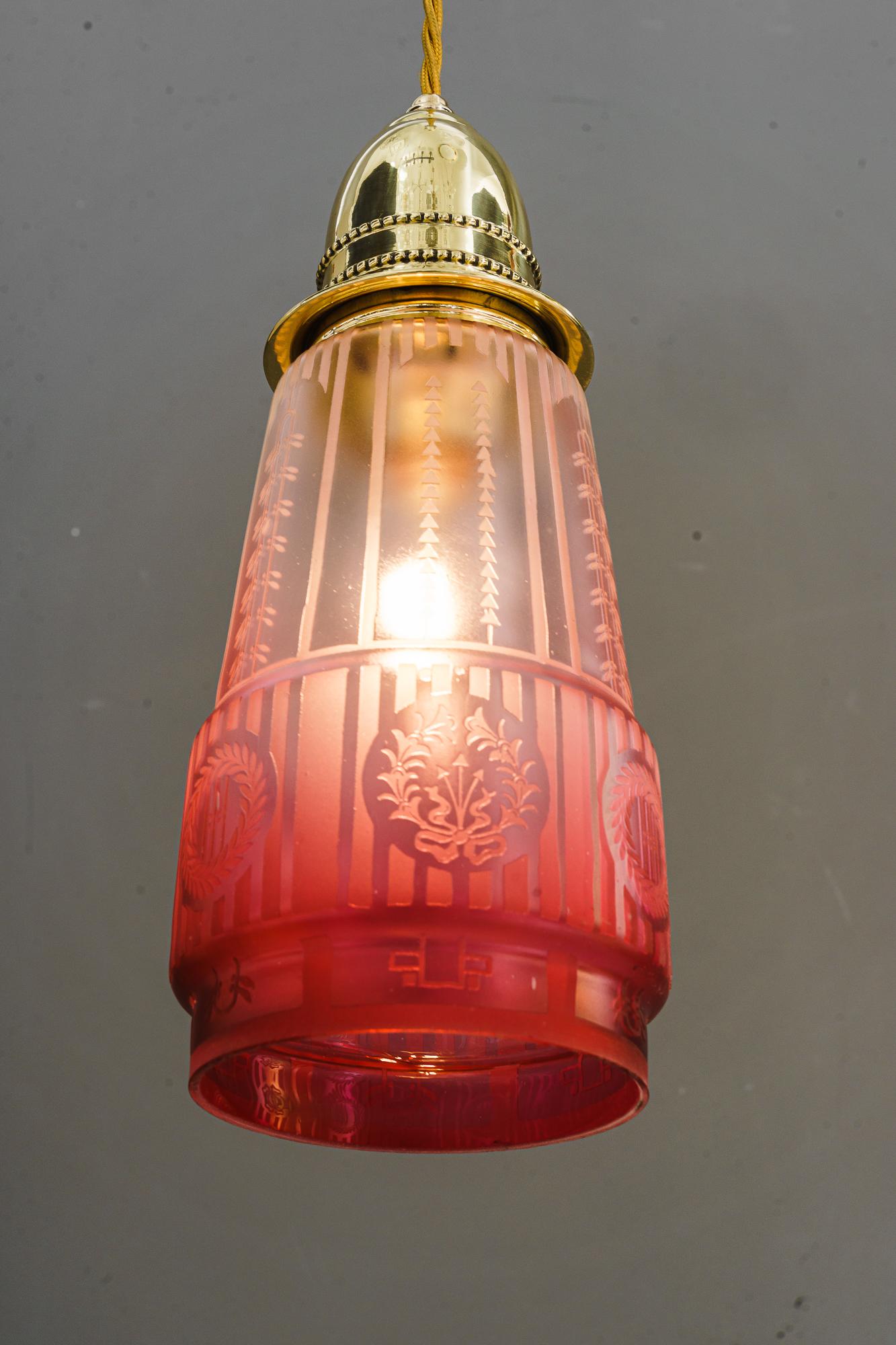 Brass 2x Art Deco Hanging Lamp with Original Old Glass Shades Vienna Around, 1920s For Sale
