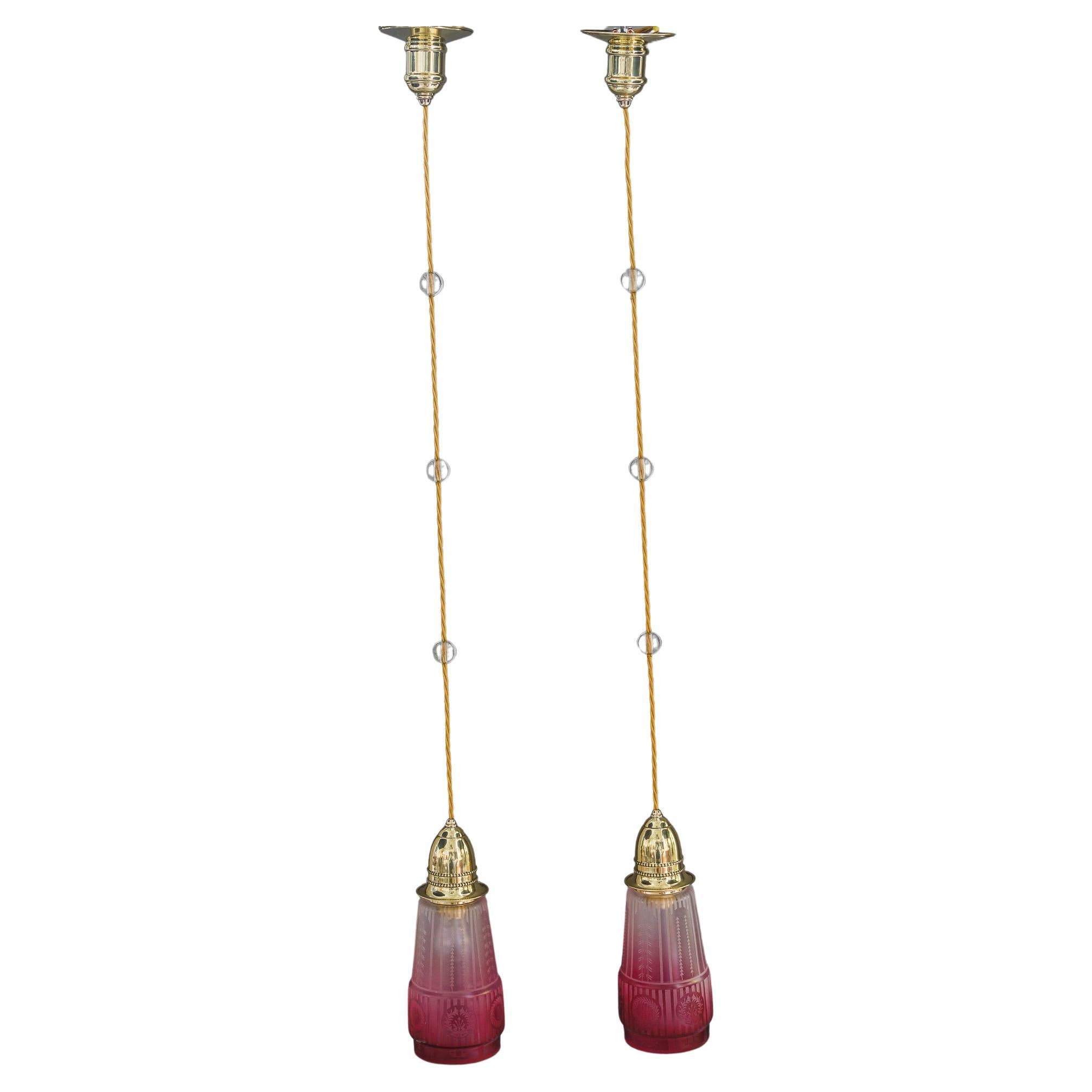 2x Art Deco Hanging Lamp with Original Old Glass Shades Vienna Around, 1920s For Sale
