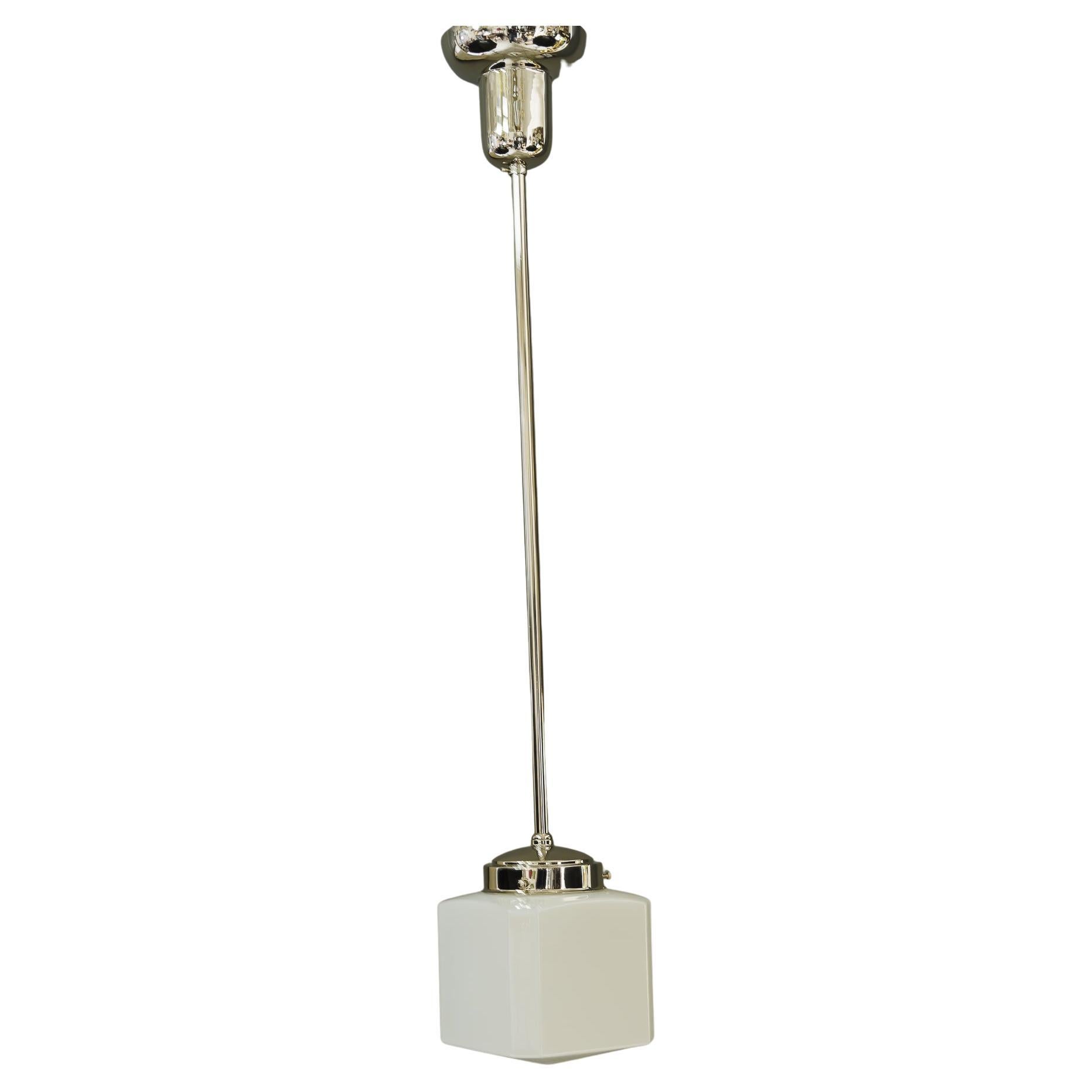 2x Art Deco Nickel Pendant with Opal Glass Shade Vienna Around 1920s For Sale