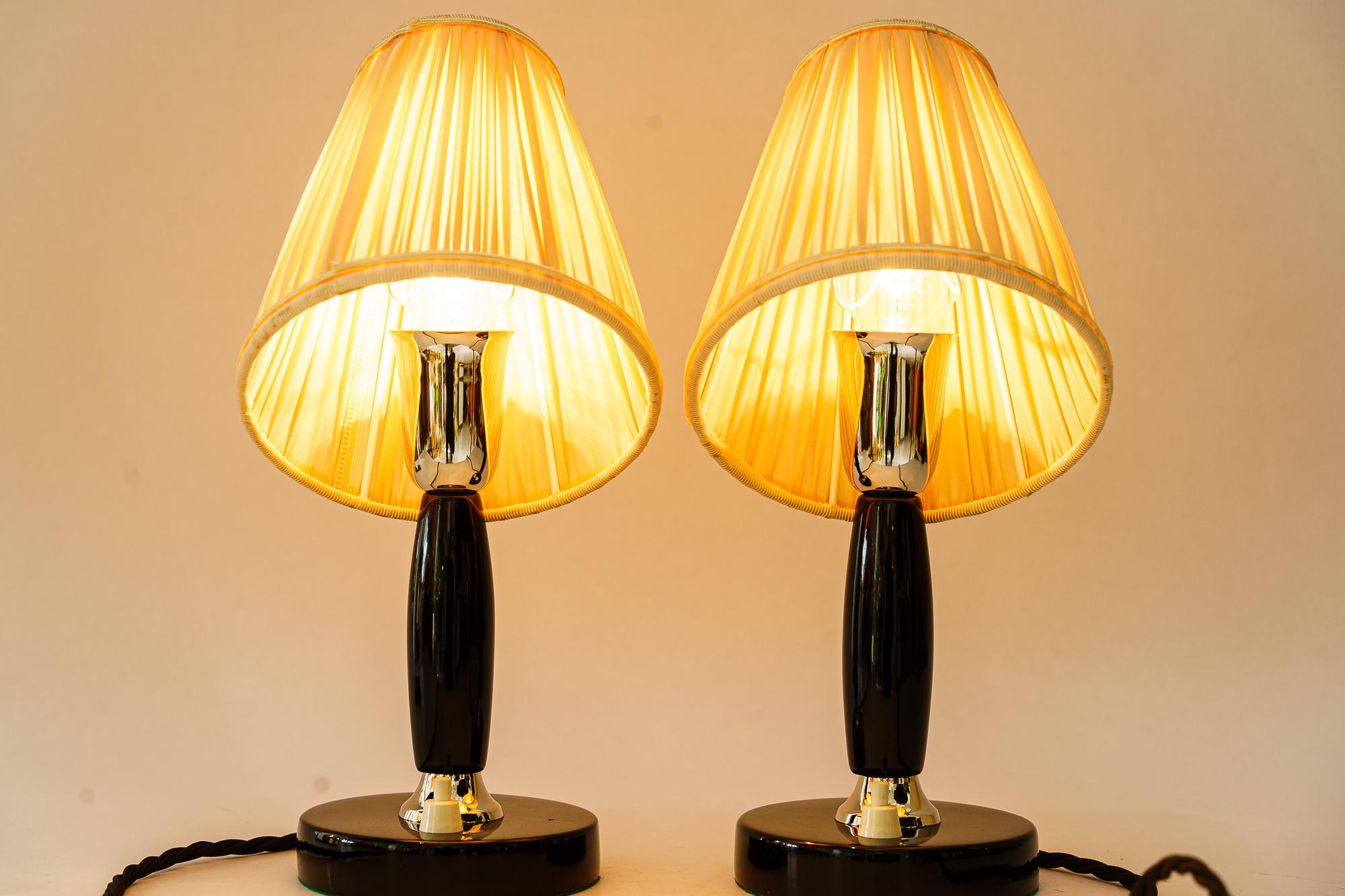 Austrian 2x Art Deco Table Lamps vienna around 1930s wood polished and fabric shade For Sale