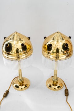 2x Art Deco Table lamps with red opaline glass stones vienna around 1920s