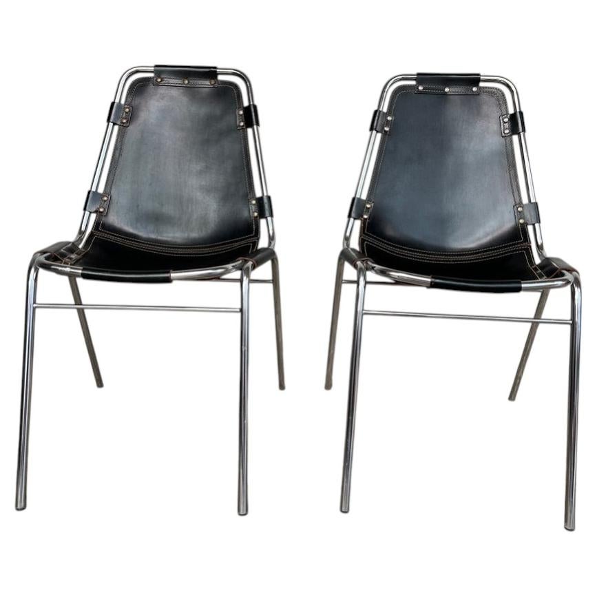 2x Black Leather Charlotte Perriand for Les Arcs Ski Resort Dining Chairs For Sale