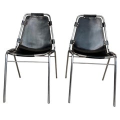 2x Black Leather Charlotte Perriand for Les Arcs Ski Resort Dining Chairs
