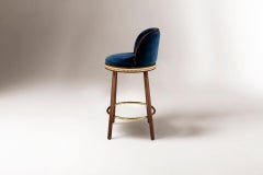 2x Mid-Century Counter Chair Alma with Blue Cotton Velvet and Rattan, in Stock