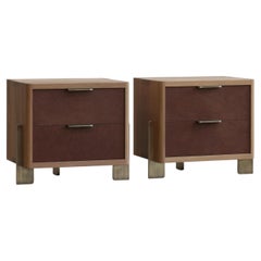 (2x) DREYFUS Night Stands by AMBROZIA, White Oak, Brown Leather & Antique Brass