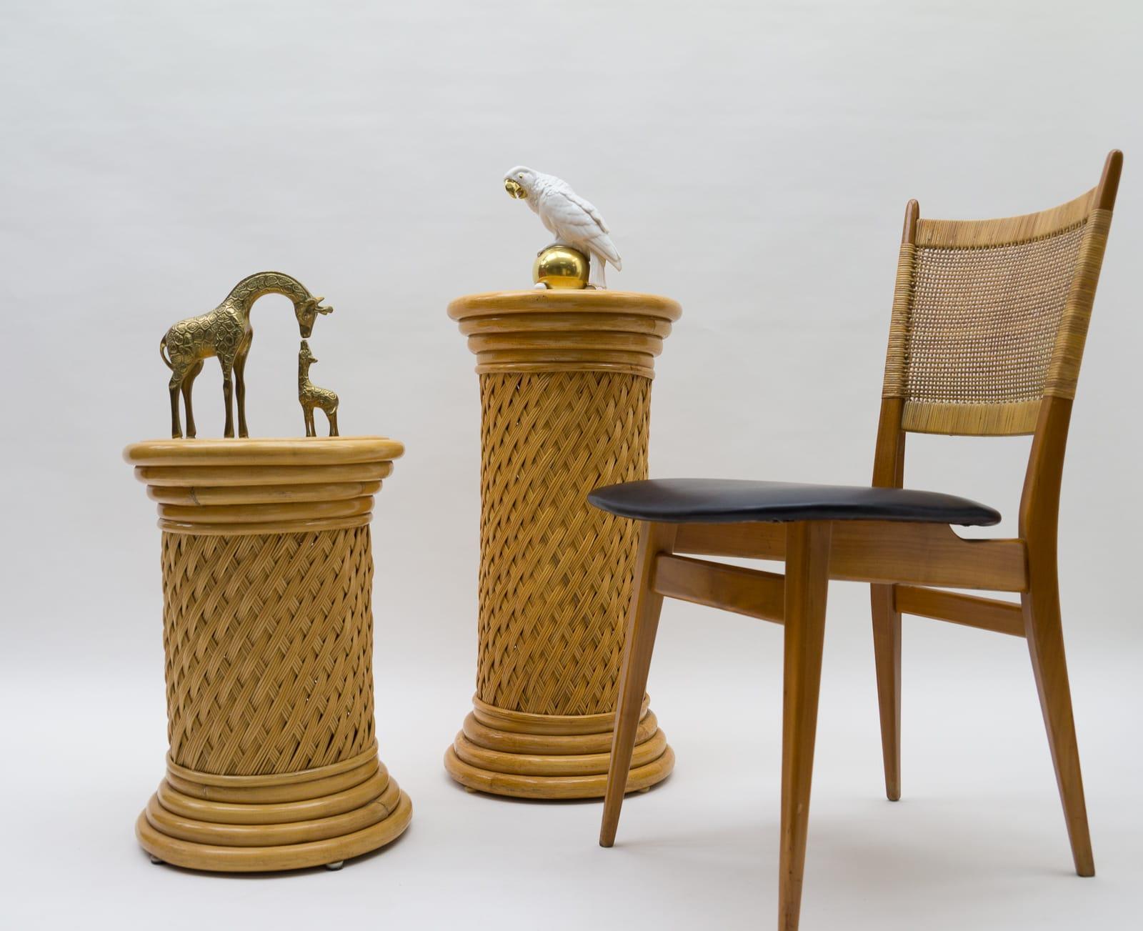 Italian 2 Elegant Hollywood Regency Rattan Wicker and Bamboo Columns, 1960s, Italy For Sale