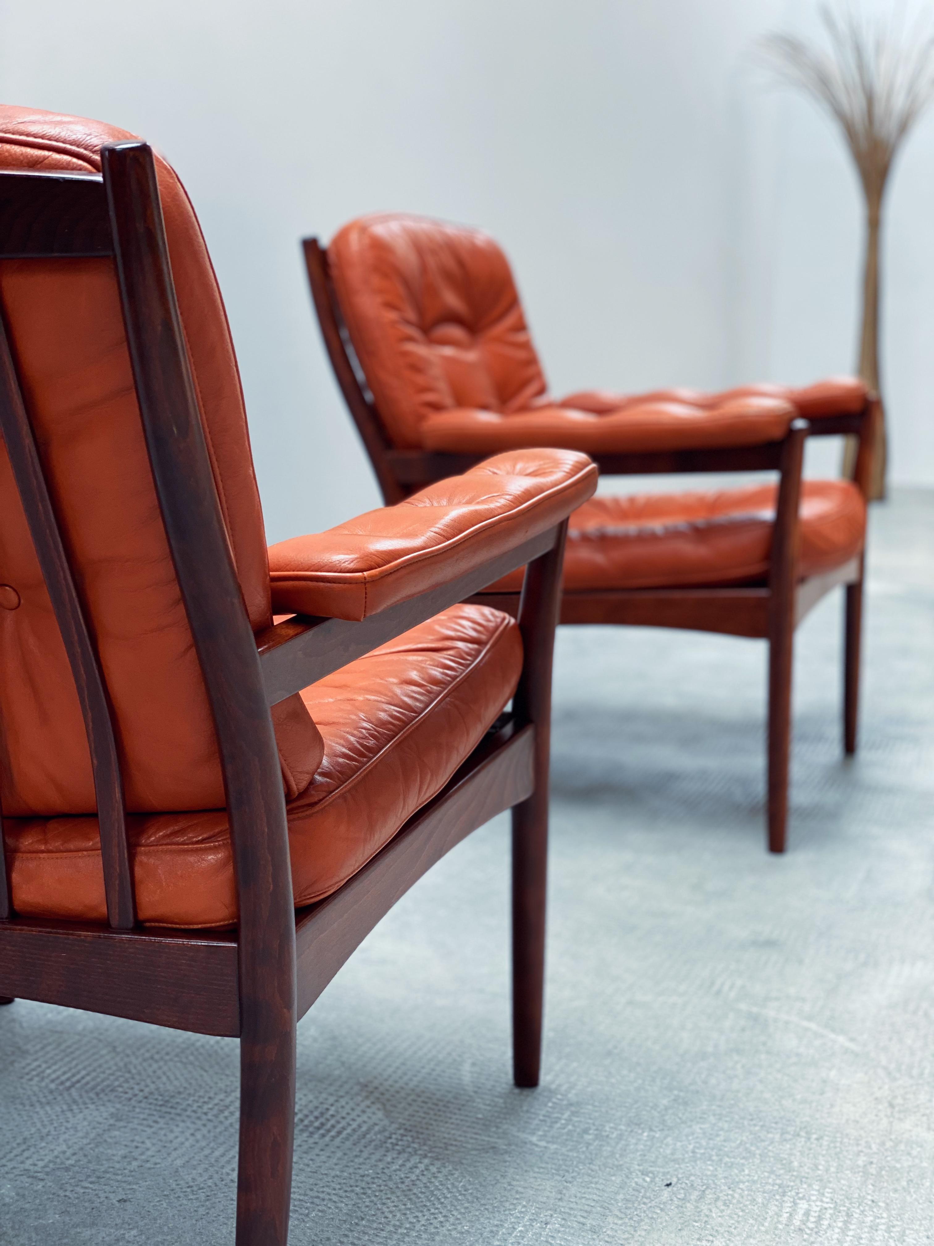 Milieu du XXe siècle 2x Gunnar Kentemo für G-Möbler Sessel Teak Holz Leder, Schweden 1960s en vente