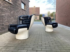 2x Joe Colombo Elda Chair, Black Leather, White Fiberglass Shell
