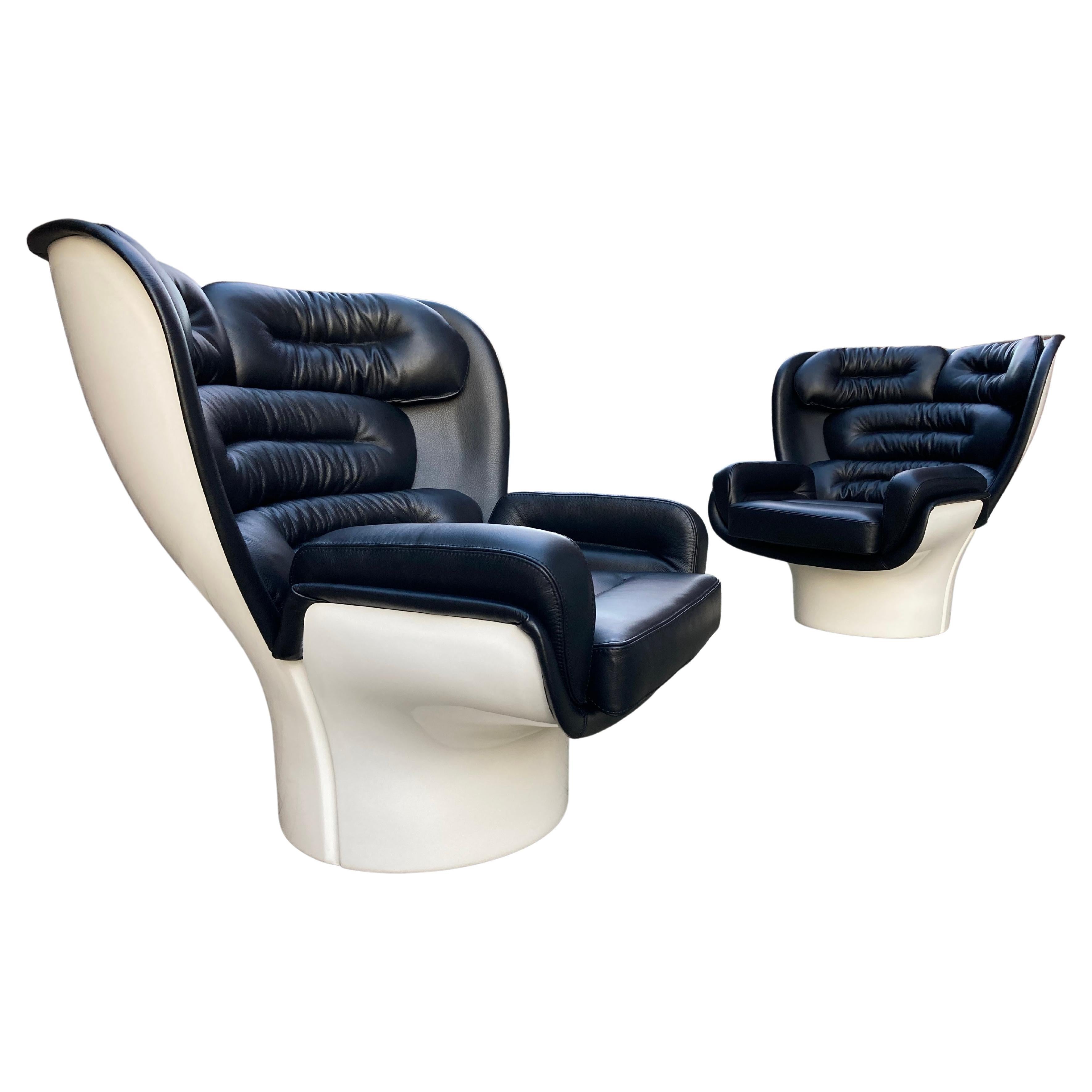 2x Joe Colombo Elda Chair, Black Leather, White Fiberglass Shell For Sale