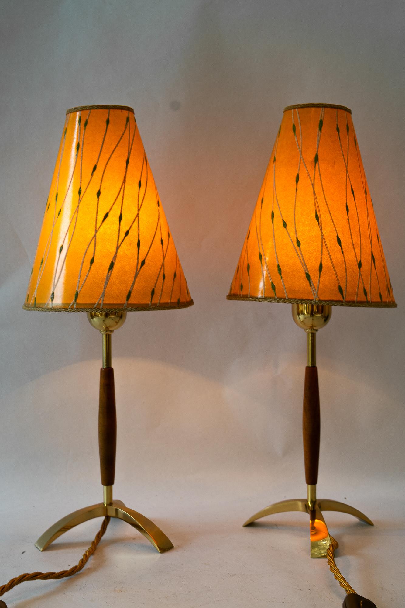 Brass 2x J.T.Kalmar Table lamps with original shades vienna around 1950s For Sale