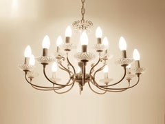 2 Midcentury Belgian Boulanger Brass and Etched Glass Chandeliers