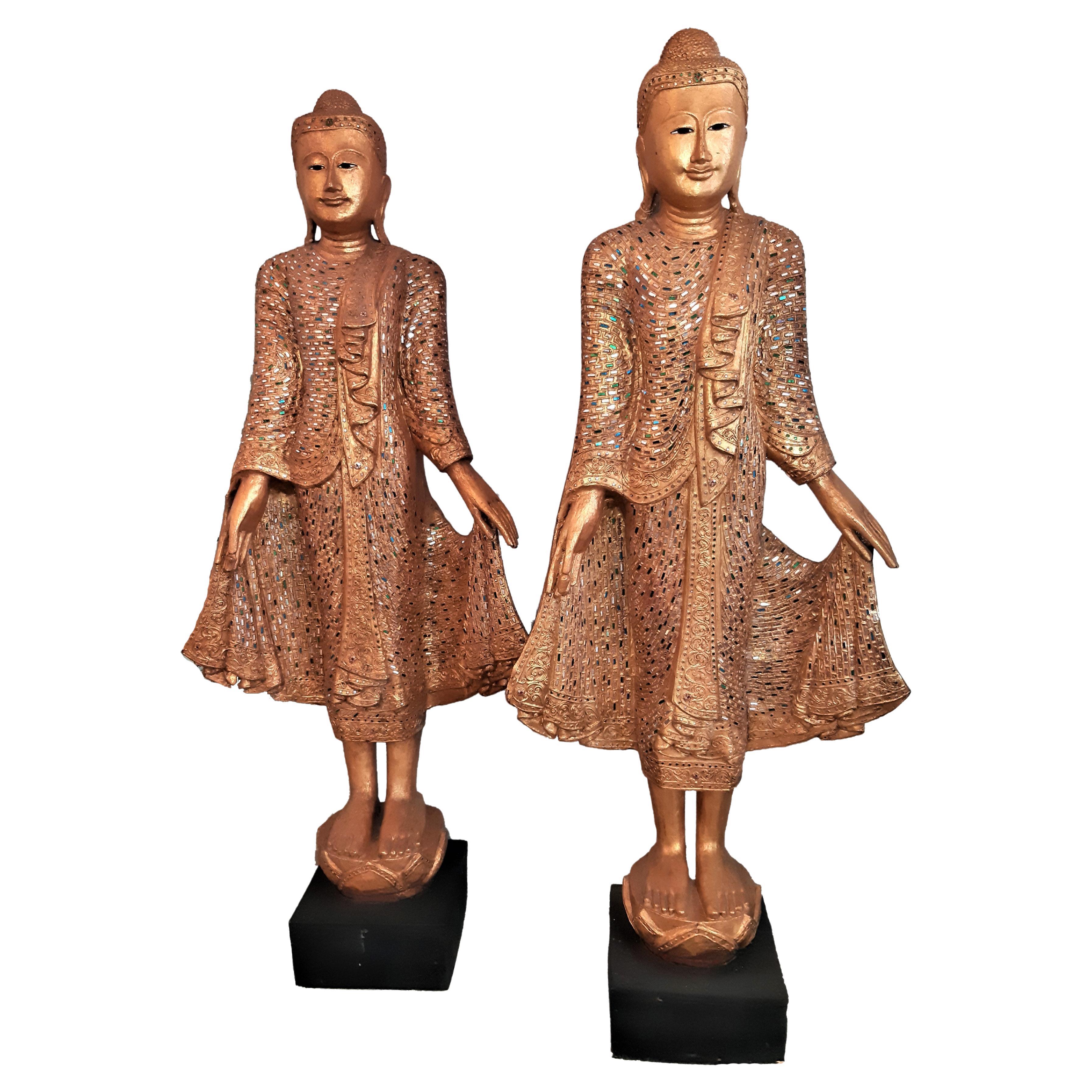 2x Skulptur Holzschnitzerei von Buddha Mandalay / Birma im Angebot