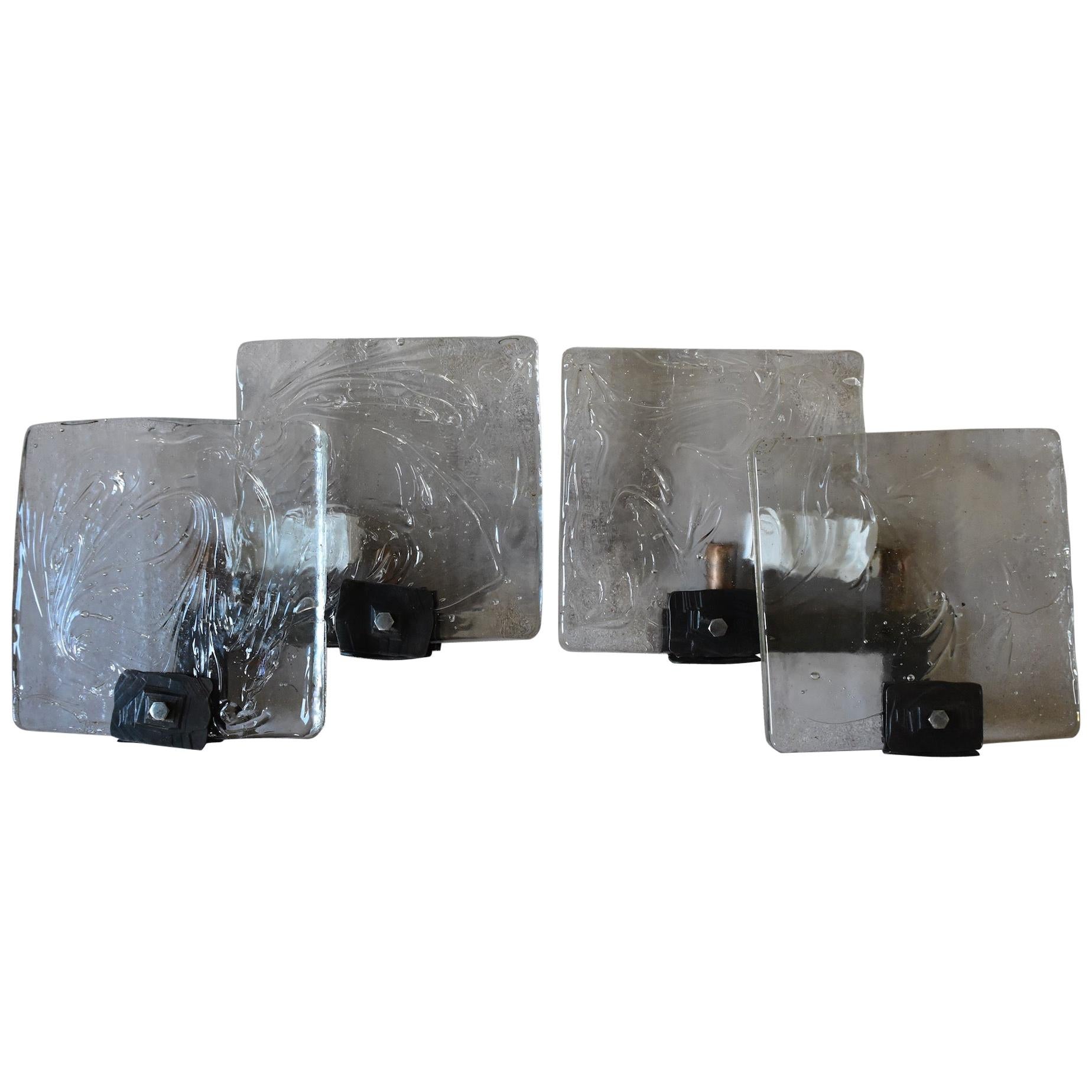 2x Ultra Brutalist Frosted Iced Glass Hand Forged Wall Lamps For Sale