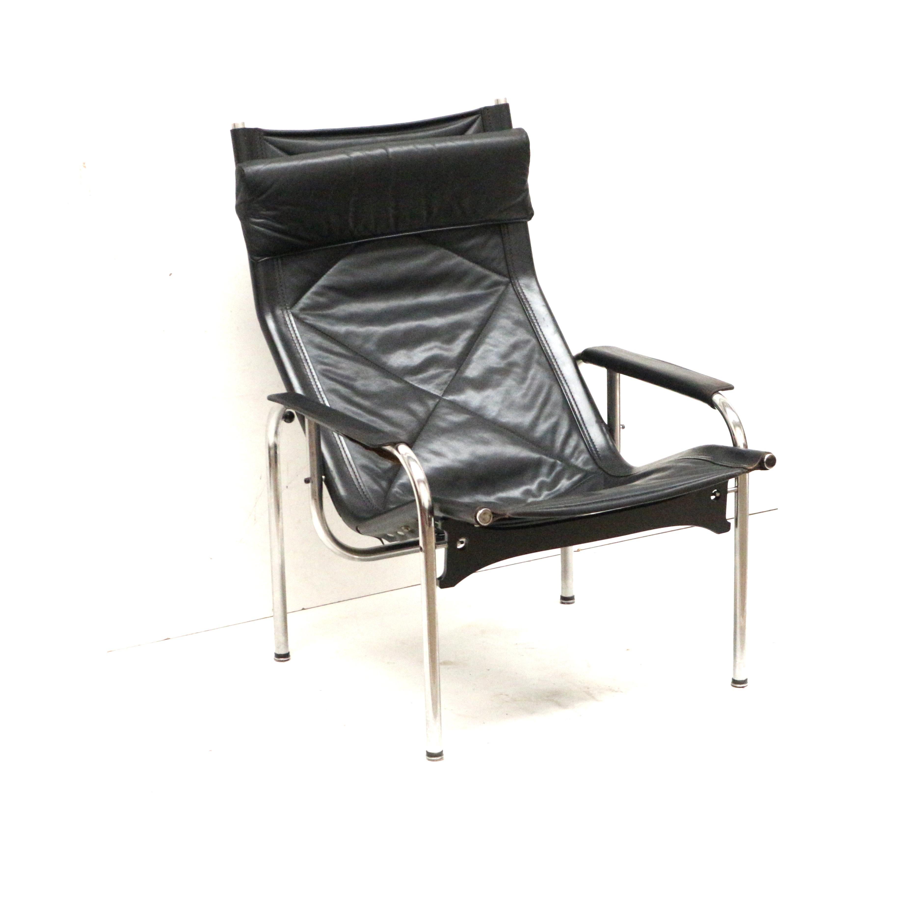Scandinave moderne 2x Fauteuil vintage en cuir noir de Strässle HE1106 conçu par Hans Eichenberger en vente
