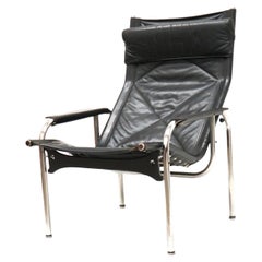 2x Vintage black leather armchair by Strässle HE1106 designed by Hans Eichenberg