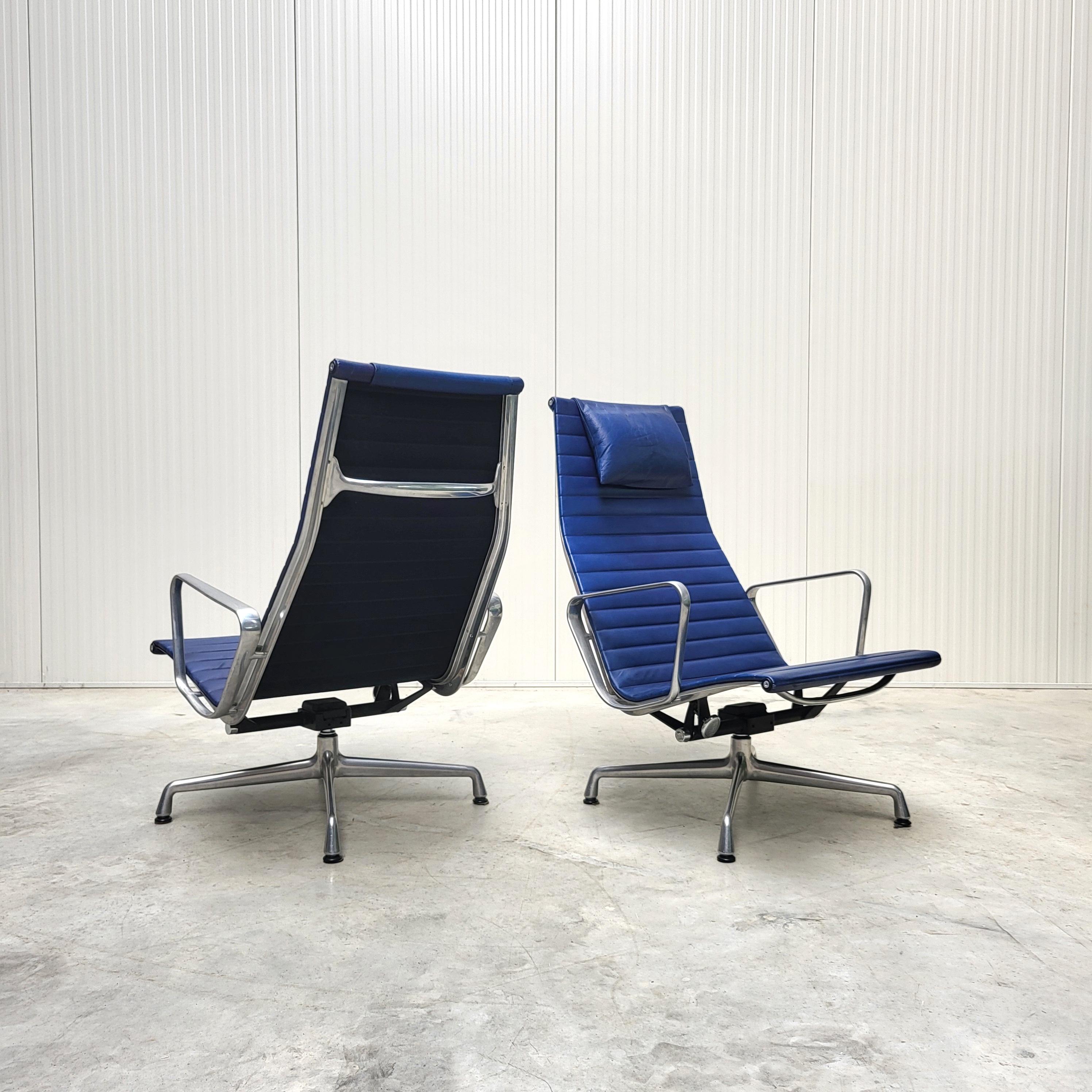German 2x Vitra EA124 Lounge Chair by Charles Eames Blue Leather, 1990s For Sale