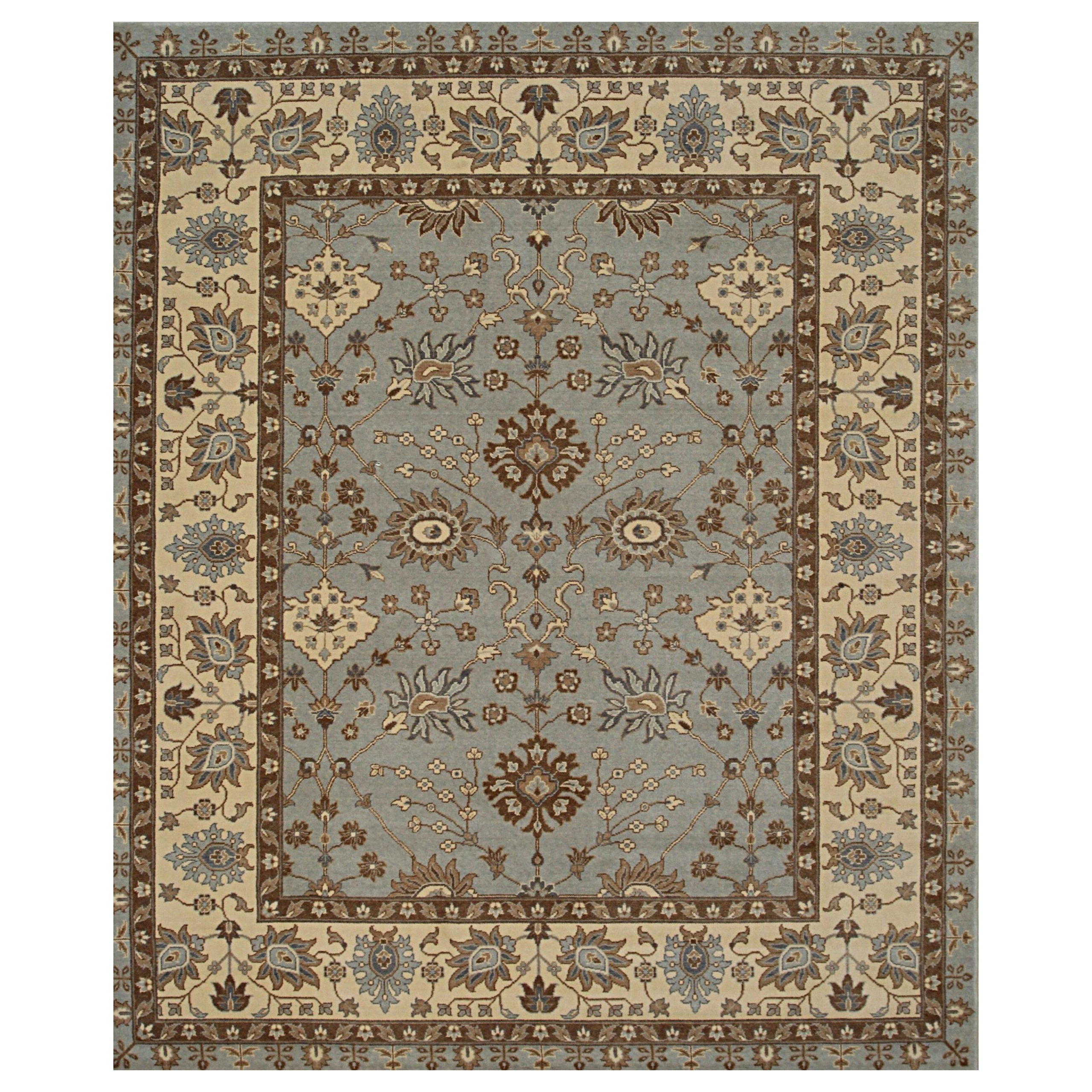 2x10 Blue Hand-Knotted Wool Floral Cartouches Classic Traditional Carpet Rug