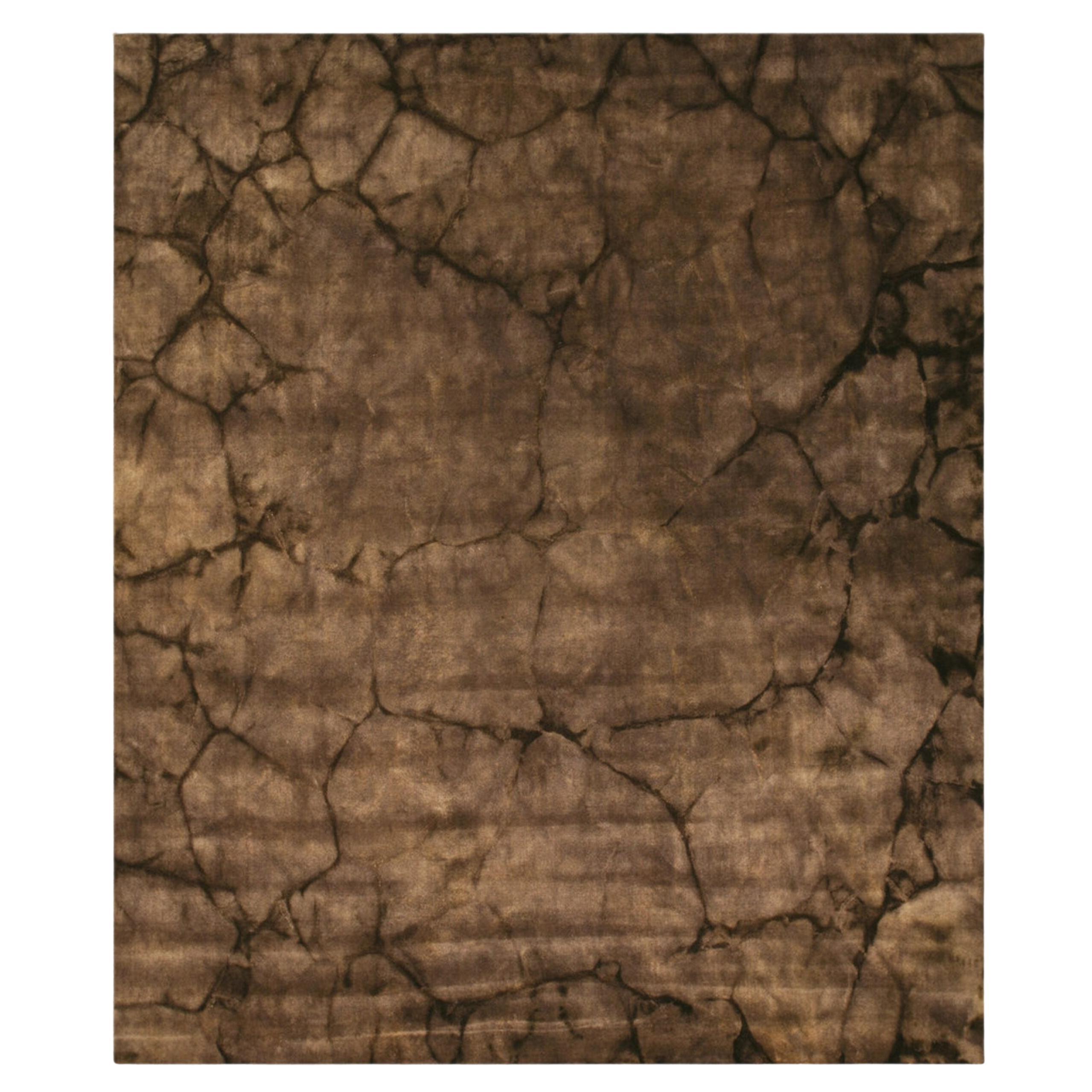 2x10 Brown Hand-Knotted Wool Cracked Earth Texture Geometric Modern Carpet Rug