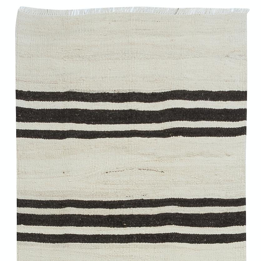 Turkish 2x10 Ft Vintage Anatolian Narrow Kilim Runner in Cream with Dark Brown Stripes For Sale