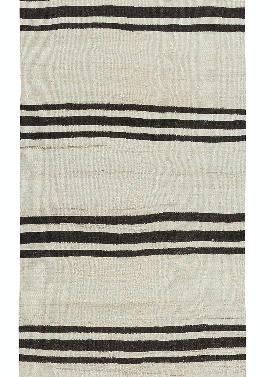 Hand-Woven 2x10 Ft Vintage Anatolian Narrow Kilim Runner in Cream with Dark Brown Stripes For Sale