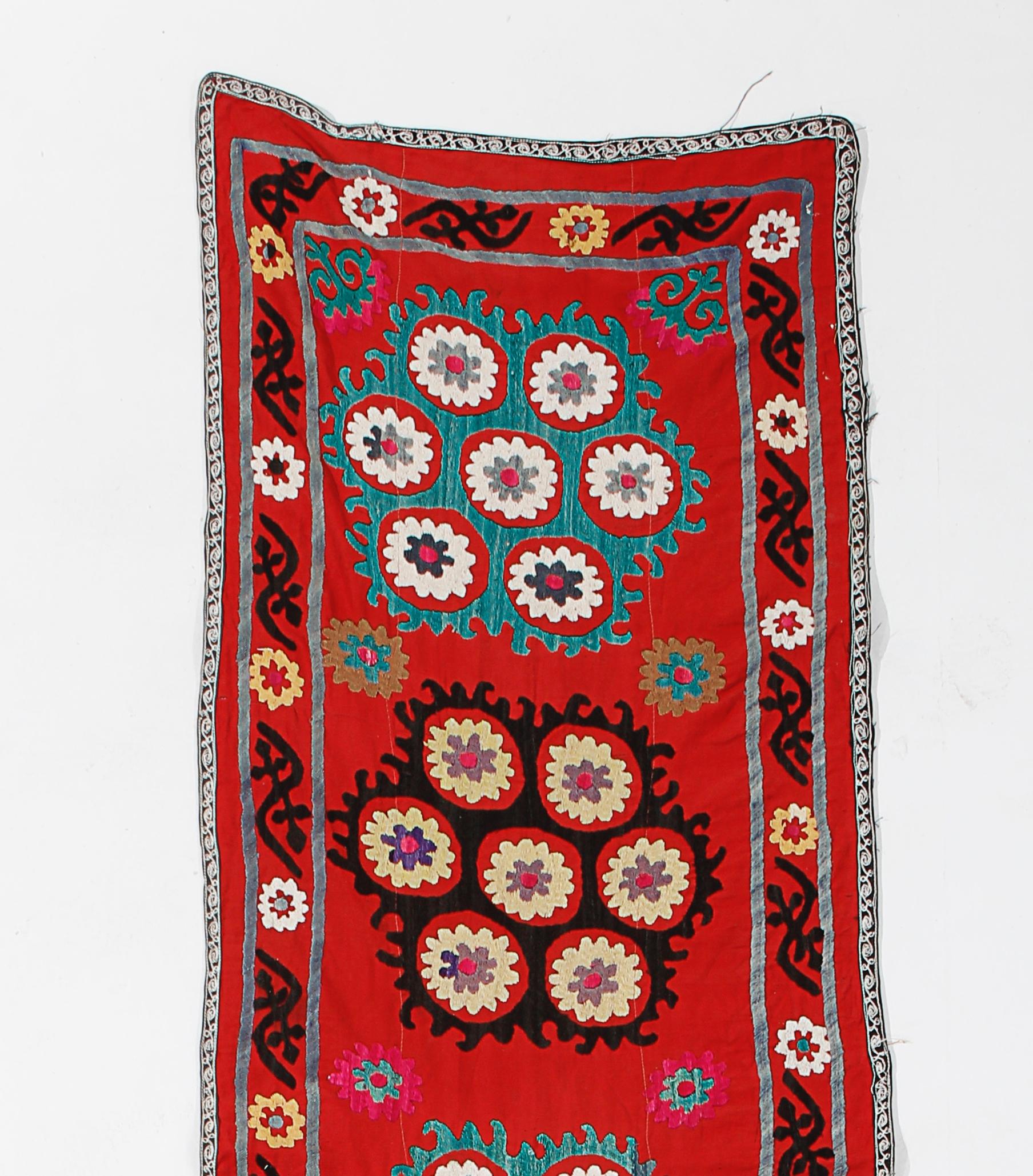 Embroidered 1.9x12.4 ft Silk Embroidery Red Table Runner, Uzbek Suzani Fabric Wall Hanging For Sale