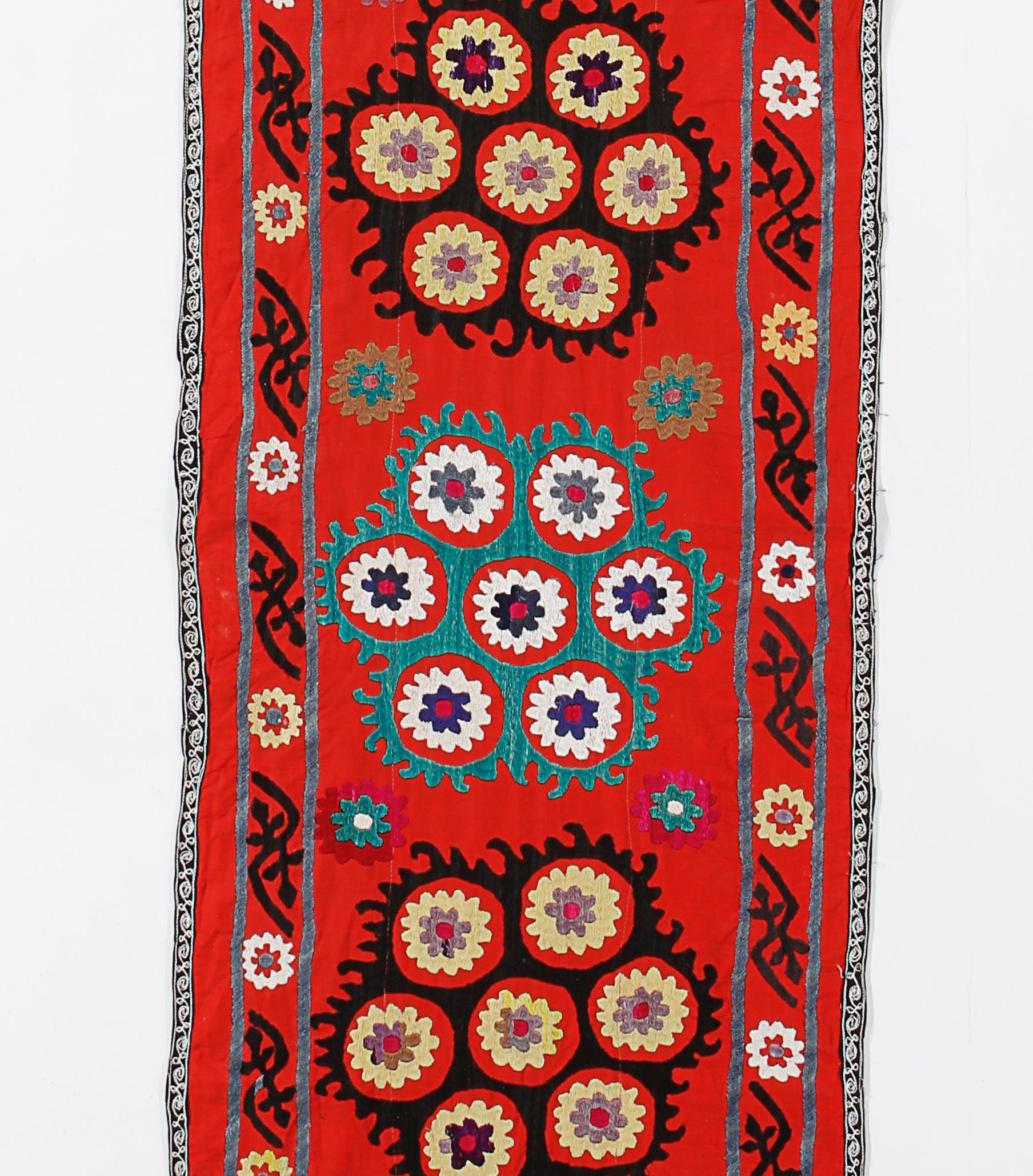 1.9x12.4 ft Silk Embroidery Red Table Runner, Uzbek Suzani Fabric Wall Hanging In Good Condition For Sale In Philadelphia, PA