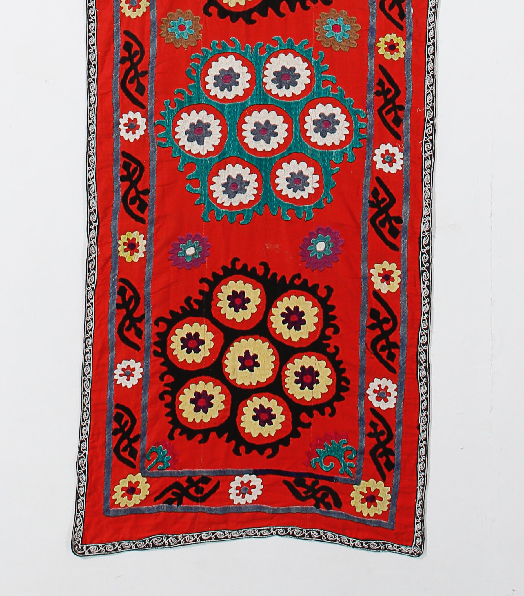 20th Century 1.9x12.4 ft Silk Embroidery Red Table Runner, Uzbek Suzani Fabric Wall Hanging For Sale