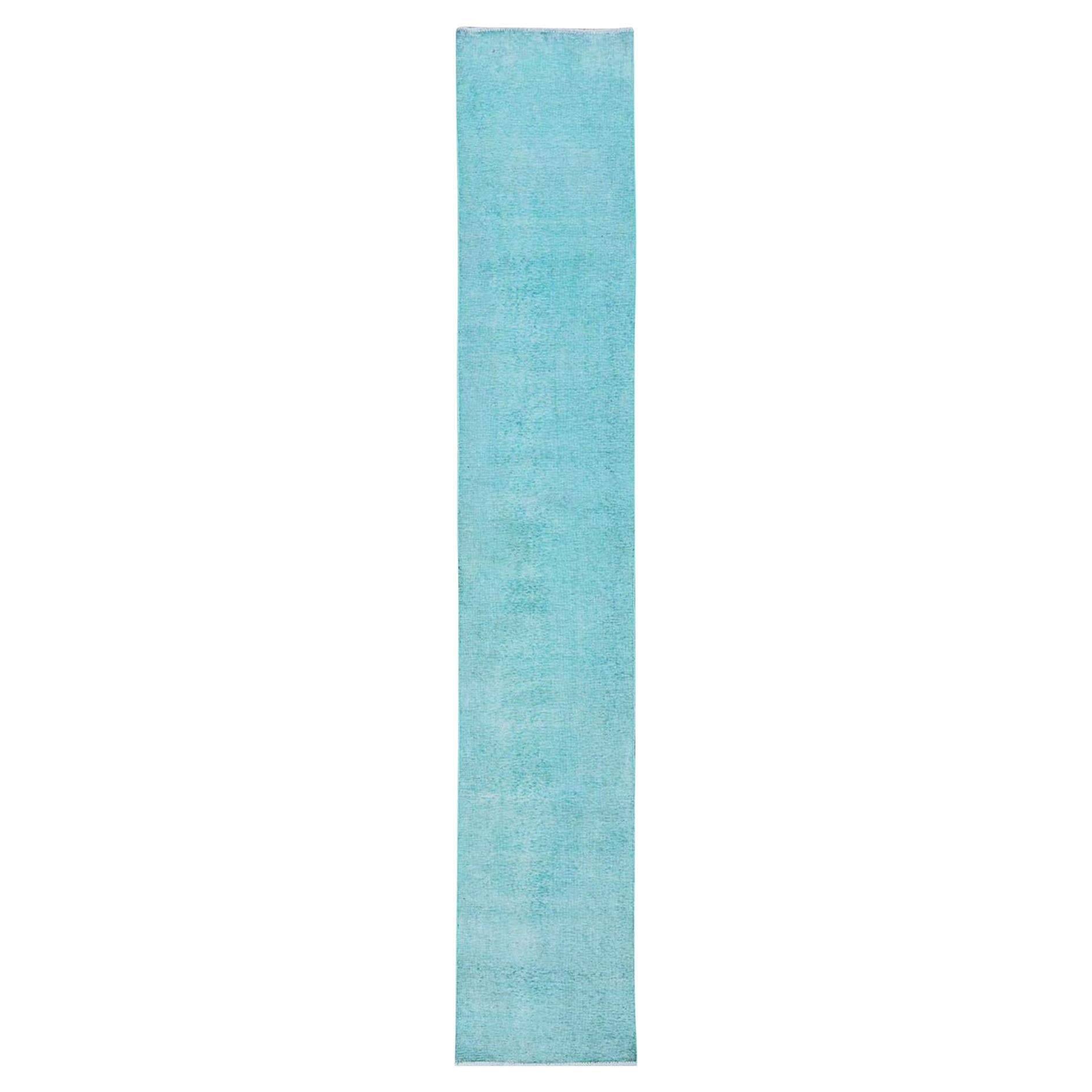 2'x12'9" Azul Aguamarina Sobreteñida Alfombra Persa Tabriz Vintage Anudada a Mano de Lana para Correr