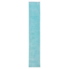 2'x12'9" Aqua Blue Overdyed Vintage Persian Tabriz Hand Knots Rugs Tappeto da corsa in lana annodato a mano