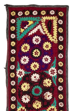 2x14 Ft Silk Embroidery Table Runner, Vintage Floral Pattern Suzani Wall Hanging