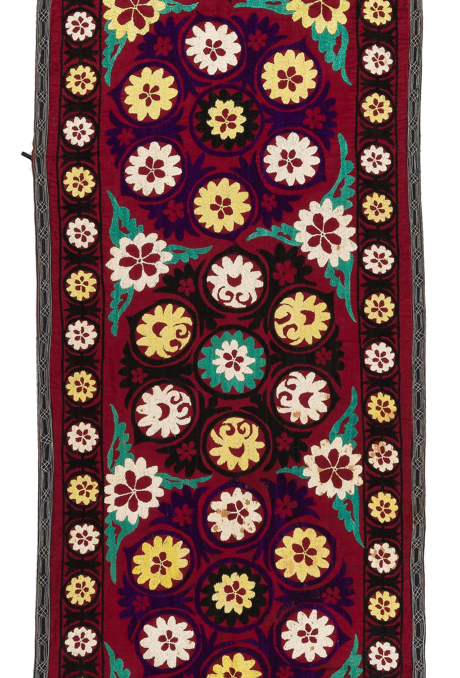 Uzbek 2x14 Ft Silk Embroidery Table Runner, Vintage Floral Pattern Suzani Wall Hanging For Sale