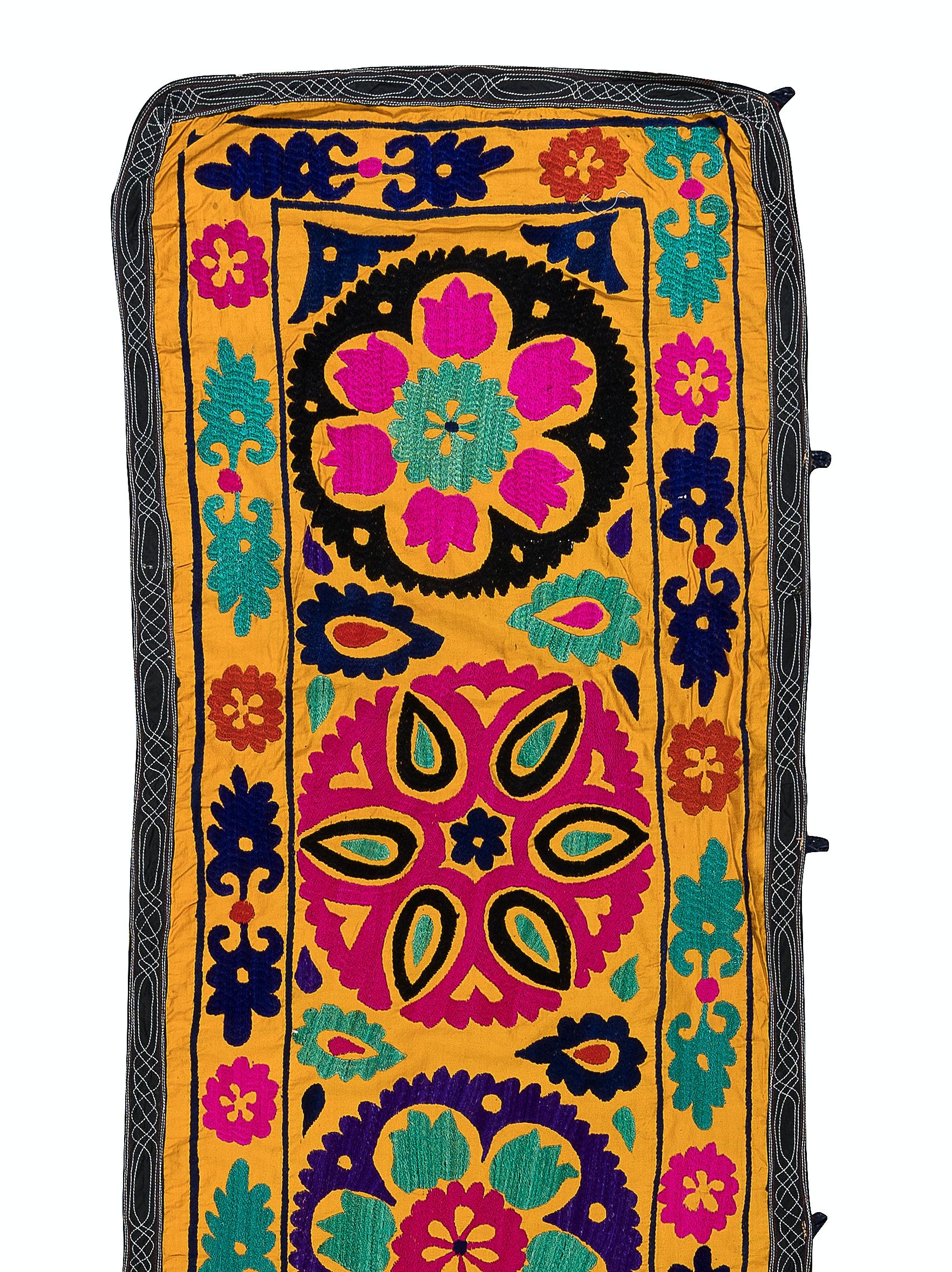 Uzbek 2x14.6 Ft Vintage Silk Hand Embroidery Wall Hanging. Yellow Suzani Table Runner For Sale