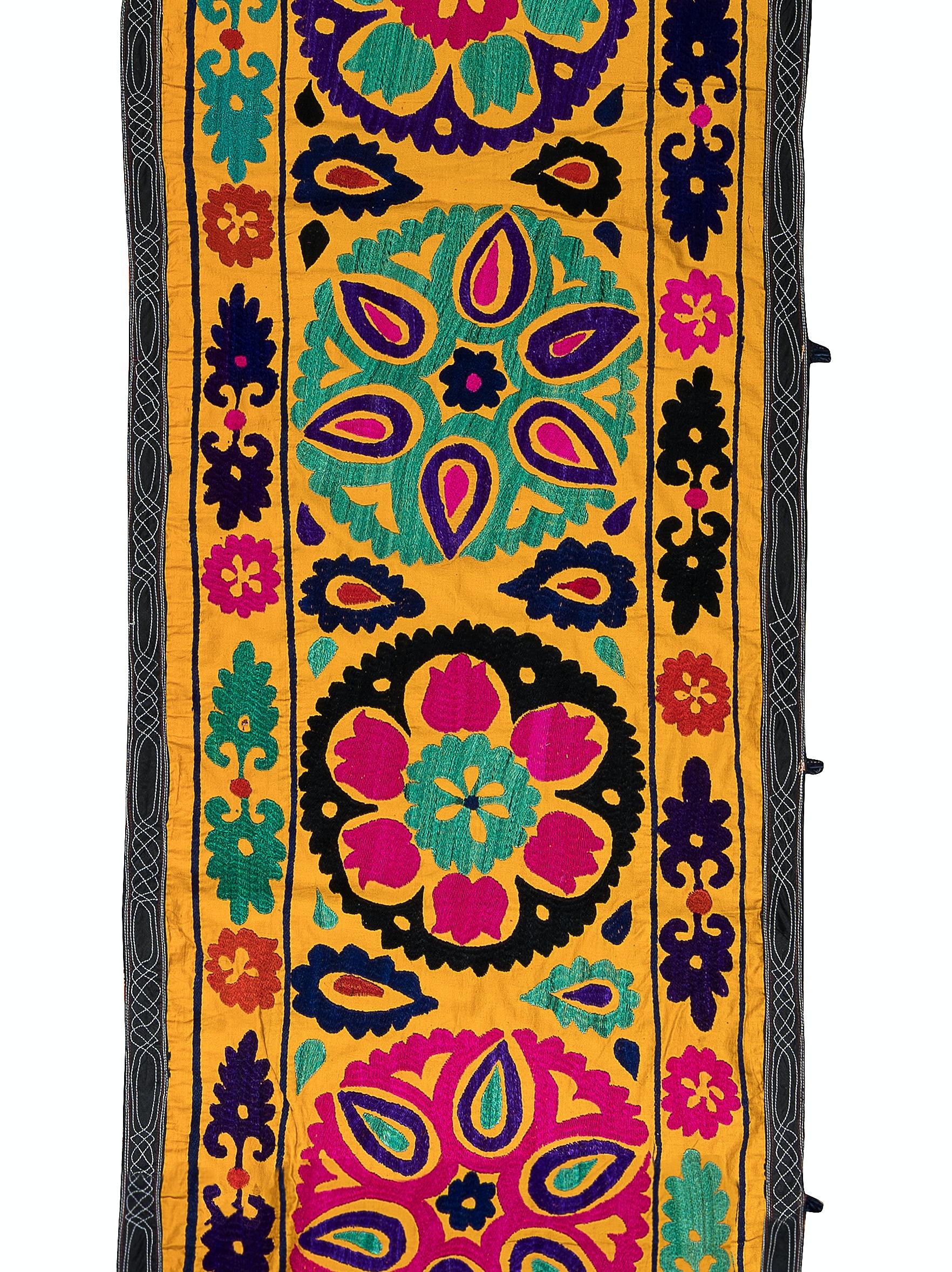 Uzbek 2x14.6 Ft Vintage Silk Hand Embroidery Wall Hanging. Yellow Suzani Table Runner For Sale