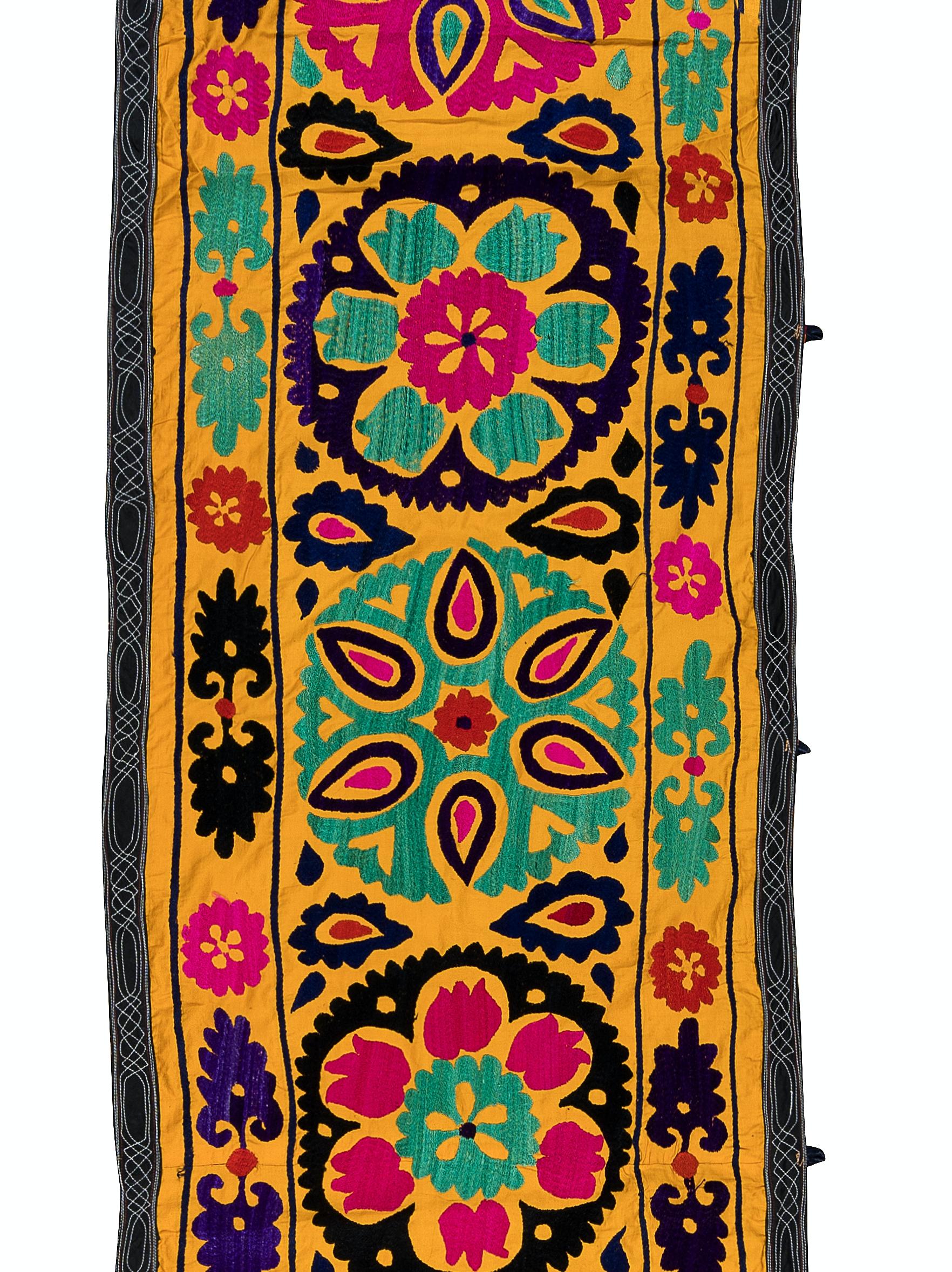 Embroidered 2x14.6 Ft Vintage Silk Hand Embroidery Wall Hanging. Yellow Suzani Table Runner For Sale