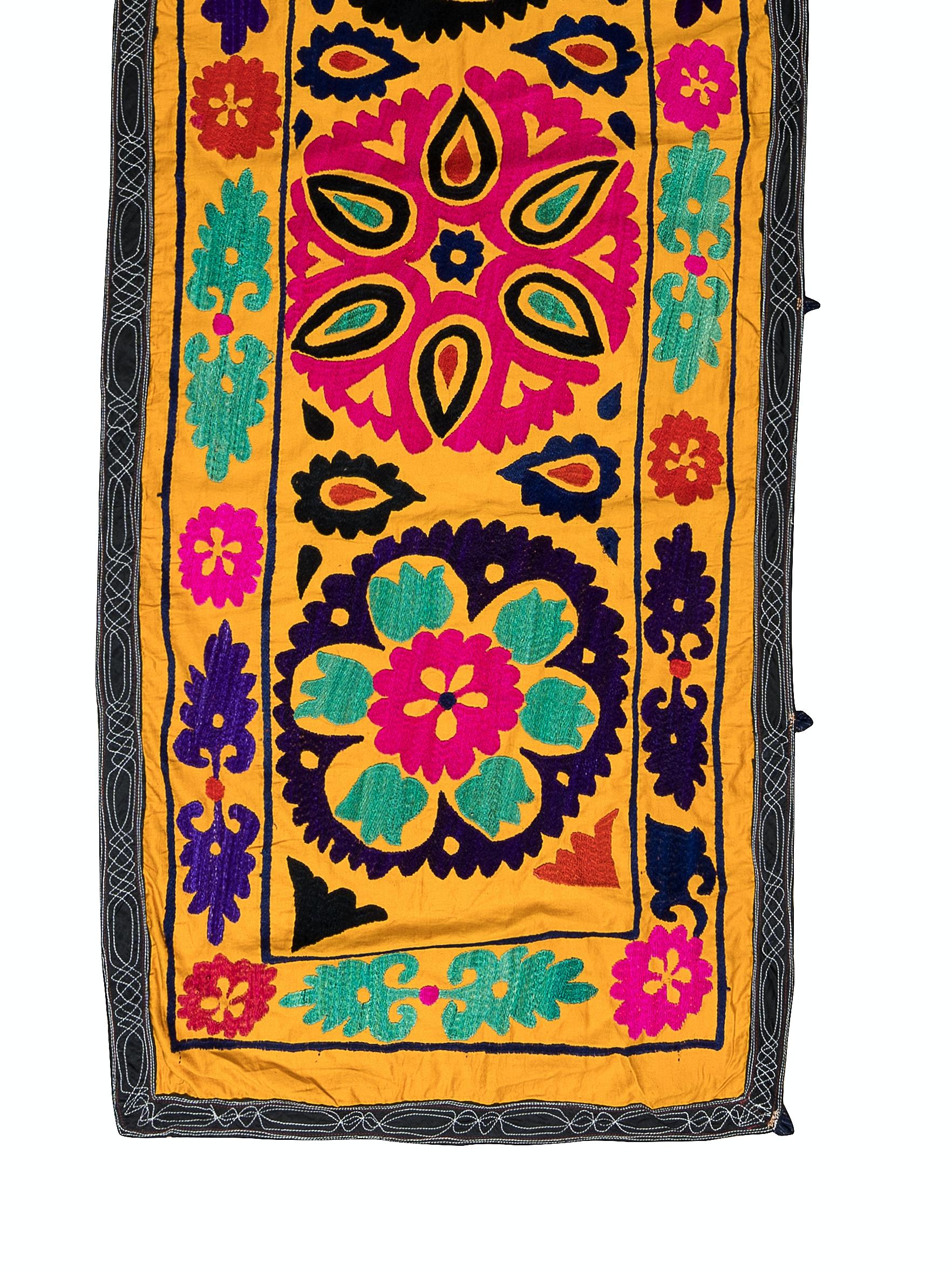 2x14.6 Ft Vintage Silk Hand Embroidery Wall Hanging. Yellow Suzani Table Runner In Excellent Condition For Sale In Spring Valley, NY