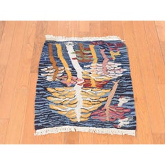 2'x2' Blue Chain Stitch Kilim with Trees and Birds Flat Weave Wool Rug