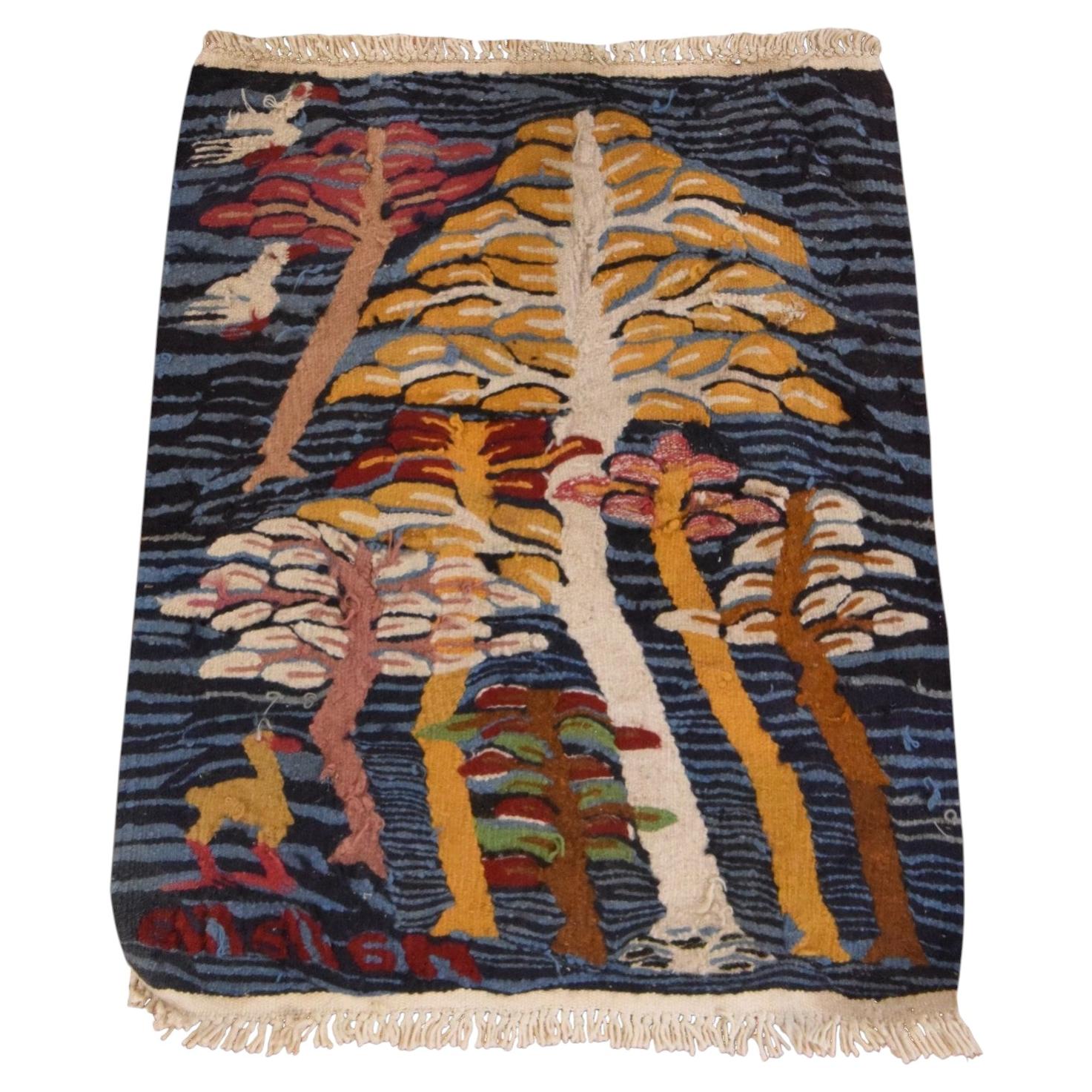 2'x2' Blue Chain Stitch Kilim with Trees and Birds Flat Weave Wool Rug
