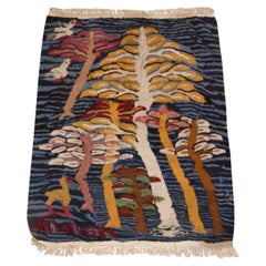 2'x2' Blue Chain Stitch Kilim with Trees and Birds Flat Weave Wool Rug
