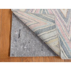 2'x2' Blue, Pure Silk, Modern Chevron Design, Hand Knotted Sample Mat Rug