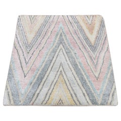 2'x2' Blue, Pure Silk, Modern Chevron Design, Hand Knotted Sample Mat Rug