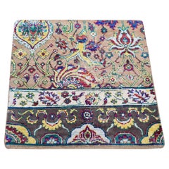 2'x2' Brown, Rajasthan Design, Hand Knotted Wool and Sari Silk Square Rug
