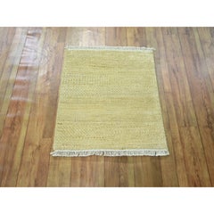 2'x2' Ecru Brown Modern Grass Design Wool and Silk Hand Knotted Sample Rug